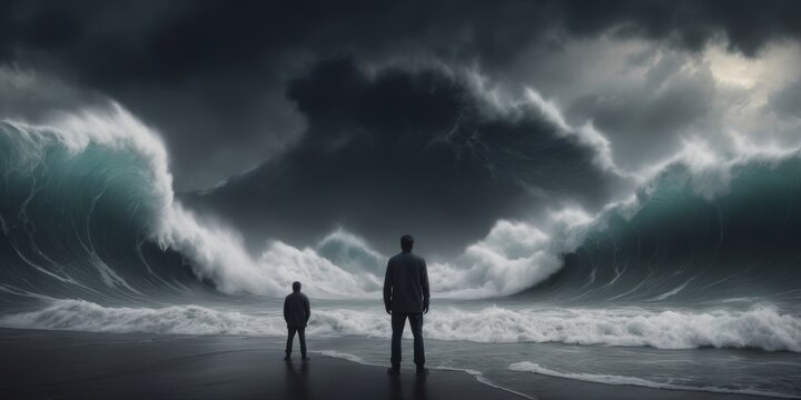 a man standing in front of a huge wave in the middle of the ocean