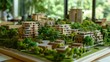 Urban planners design sustainable city models featuring eco-friendly green spaces and community gardens, integrating lush vegetation around energy-efficient residential house for a sustainable future