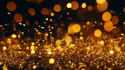 Poster - Abstract background of yellow orange gold glowing particles and bokeh dots of festive energy magic