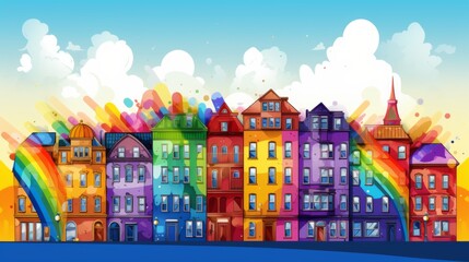 A vibrant cityscape with a rainbow-painted building shining brightly