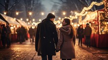 Young Couple In Love Walking In The Christmas Market