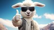 A cute anthropomorphic sheep with thumbs up wearing sunglasses and trendy casual clothes