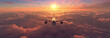 Serene Aerial View of a Commercial Airplane Flying at Sunset Above the Clouds