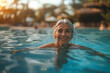 Happy old woman relax in pool, created with Generative AI technology