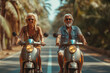 Happy old couple riding on scooters, created with Generative AI technology
