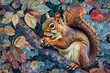 A squirrel sitting on a branch, gnawing on a nut, with a background of leaves and flowers. Each tile of the mosaic should capture intricate details, from the texture of the squirrel's fur