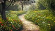  A winding path meandering through a wildflower meadow, inviting leisurely strolls amidst the natural splendor of spring. 

