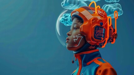 Poster - Advanced Cybernetic Interface on Humanoid Profile. View of a humanoid with an advanced cybernetic interface, integrating high-tech and human elements as 3D holograms of circuits