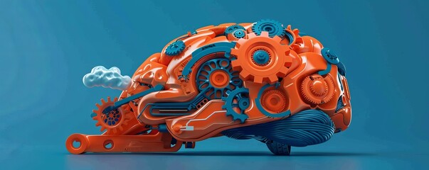 Poster - Metaphorical image of an engineers brain, structured like a motherboard with clouds and gears as the components