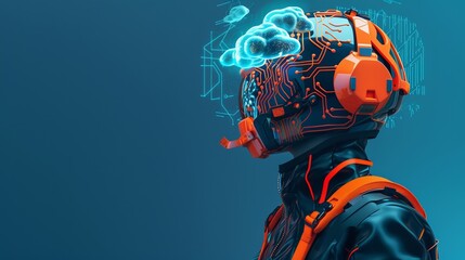 Poster - Advanced Cybernetic Interface on Humanoid Profile. View of a humanoid with an advanced cybernetic interface, integrating high-tech and human elements as 3D holograms of circuits