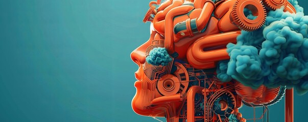 Poster - Metaphorical image of an engineers brain, structured like a motherboard with clouds and gears as the components