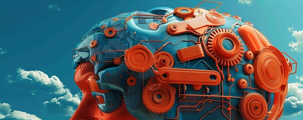 Poster - Metaphorical image of an engineers brain, structured like a motherboard with clouds and gears as the components