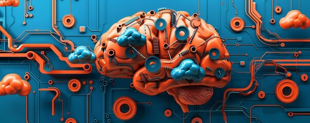 Poster - Metaphorical image of an engineers brain, structured like a motherboard with clouds and gears as the components