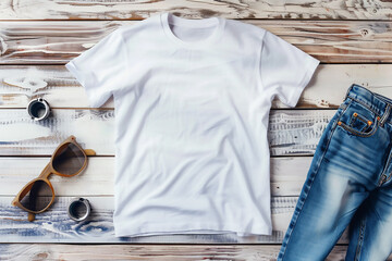 Poster -  T Shirt mockup on white wood background shirt template