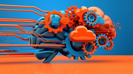 Poster - An abstract representation of an engineer's mind, with gears merging into cloud forms and circuit patterns forming the contours of a brain