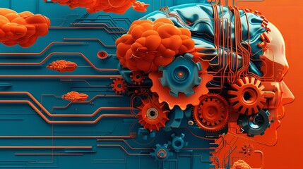 Poster - An abstract representation of an engineer's mind, with gears merging into cloud forms and circuit patterns forming the contours of a brain
