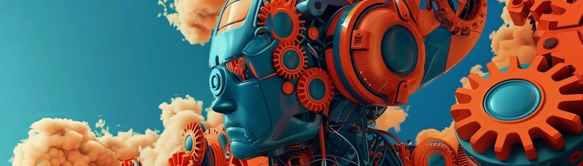 Poster - Close-up portrayal of a robotic entity, adorned with intricate mechanical gears and vibrant orange elements, set against a backdrop of fluffy clouds and a clear sky.