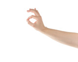 Fototapeta Koty - Adult man hand hold something with fingers isolated on white background
