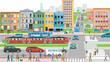 Stadtsilhouette einer Stadt mit öffentlichen Verkehr  und Personen, illustration