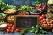 Freshly prepared vegetarian meals with a chalkboard for menu, concept of healthy eating and meal planning