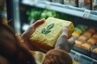 © Picza Booth - Close-up of a consumer choosing a product with sustainable packaging in a grocery store, concept of eco-friendly shopping habits