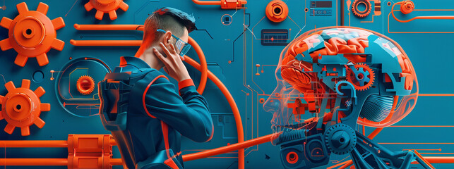 Poster - Engineer deep in thought, surrounded by floating gears and circuit diagrams, with a translucent brain overlay showing neural activity