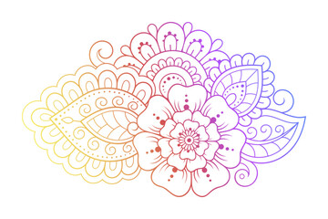 Wall Mural - Colorful floral pattern for Mehndi and Henna drawing. Hand-draw lotus flower symbol. Decoration in ethnic oriental, Indian style. Rainbow design on white background. Outline vector illustration.