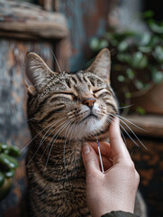 Canvas Print - portrait of a cat with a hand