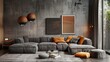 Loft interior design of modern living room, home. Corner sofa against concrete wall with poster frame. hyper realistic 