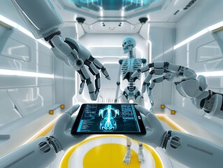 Wall Mural - Robotic hands manipulating a tablet displaying medical data with a humanoid skeleton in the background, signifying advanced healthcare technology.