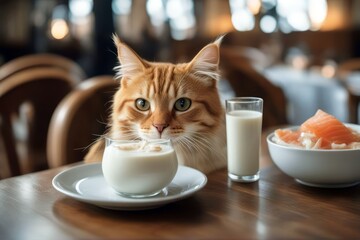 'cat fish restaurant raw milk eating food plate meal table fun mammal sitting eatery celebration fluffy humor furry domestic pet animal portion ravenous glasses bow vase healthy health diet look'
