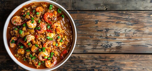 Wall Mural - A bowl of crawfish etouffee over a clean wooden backdrop