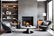 © Five Million Stock - Barrel chair and round coffee table near grey corner fabric sofa against the wall with fireplace and bookshelves design. The interior design of the modern living room.