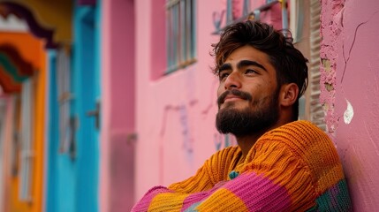 Wall Mural - Bearded Man Leaning Against Wall