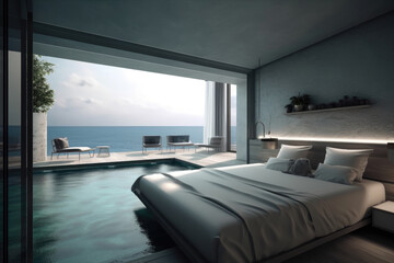 Wall Mural - A bedroom with a pool offers a stunning view of the ocean, creating a luxurious and serene atmosphere