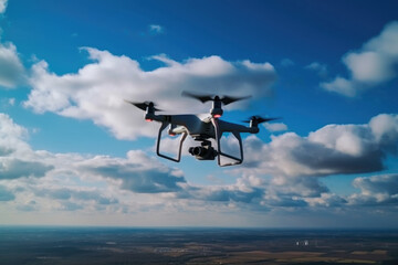 A black and white remote controlled drone effortlessly navigates the open sky, showcasing its agility and precision in flight