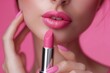 © Mediapro - Beautiful woman with pink lipstick on pink background, close-up, Ai Generated