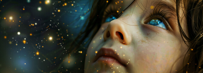 little girl looking up in cosmos with curiosity and wonder , love and peace concept