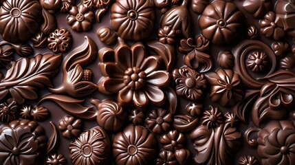 Rich brown background with a pattern of roasted coffee beans and dark chocolate squares for a luxurious food theme