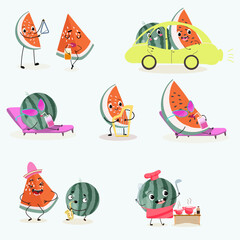 Wall Mural - Cute watermelon characters set, collection. Flat vector illustration. Activities, playing musical instruments, sports, funny fruits.