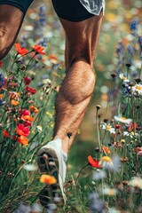 Wall Mural - close-up of the legs of a male athlete running across a field of flowers