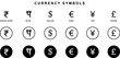 © HaRsH - International currency symbol set of icons. Money kind icons. Currency symbols. Rupee, Paisa Euro, dollar, Pound, Yen, Yuan. Vector graphic in circle communication signs and stroke shape buttons