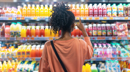 African american woman choosing drinks in a colorful supermarket aisle, in front of a product shelf like refreshing bottles of soda or juice inside a grocery store, making a choice hd