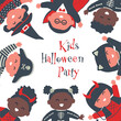 Halloween Kids Party Template. Happy Children in Halloween costumes around text Kids Halloween Party. Diverse group of kids have fun. Invitation. Happy baby girls and baby boys. Vector illustration.