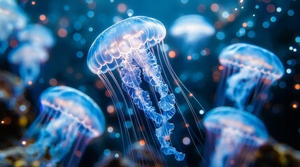 A jellyfish is floating in the water. The jellyfish is blue and orange. jellyfish ballet swimming in the sea. Generative ai illustration.