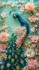 Wall Mural - Elegant peacock in a sequined gown, wearing a crown of emeralds