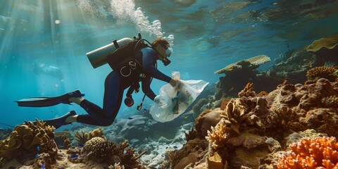 A woman is diving in the ocean and picking up trash