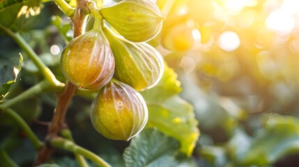 Wall Mural - Ripe gooseberries on a branch in golden morning light. Fresh fruits, healthy eating. Vivid colors and natural environment. Perfect for culinary concepts. AI