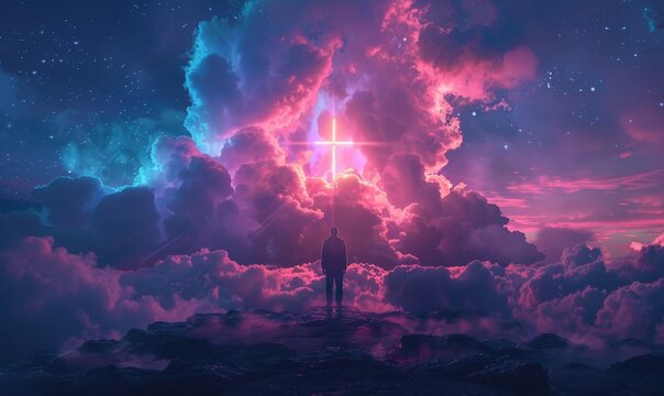 Silhouette of person praying to GOD in front of majestic clouds with glowing cross