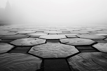 A grayscale composition featuring hexagonal paving stones arranged in a geometric pattern on a mist-covered, urban sidewalk